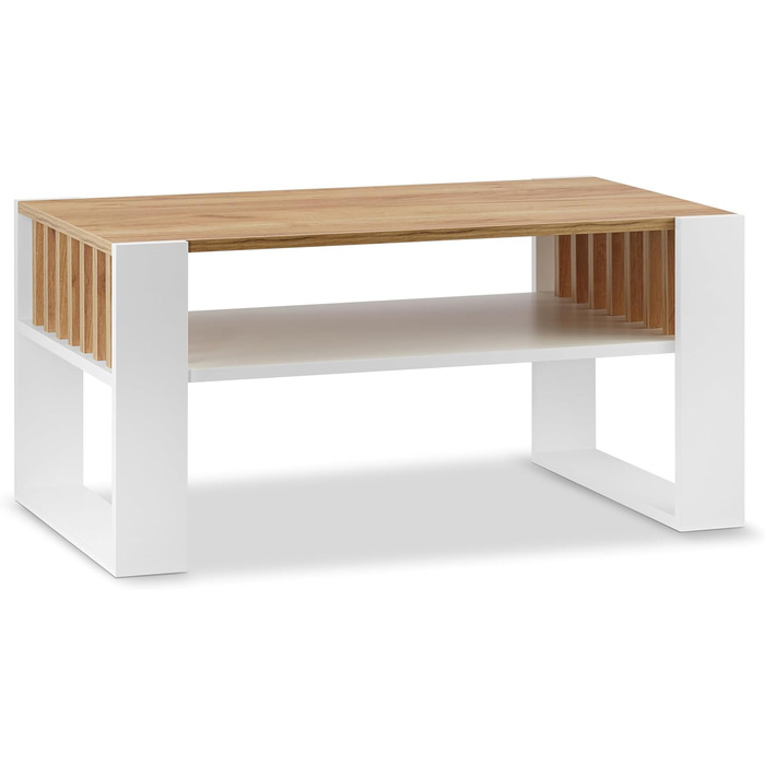 Журнальний столик для дивана Невеликий журнальний столик з білого дуба з місцем для зберігання Сучасний журнальний столик з рейками Журнальний столик Невеликий столик Журнальний столик 92 см Міцний журнальний столик, білий дуб