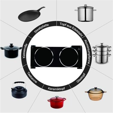 Інфрачервона варильна поверхня CUSIMAX 2 шт. 1200 Вт 1200 Вт Електрична варильна поверхня зі склокераміки, портативні подвійні варильні поверхні з регулюванням температури для зовнішнього/внутрішнього використання, для всіх типів гончарів, чорна нержавіюч