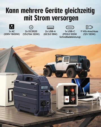 Портативна електростанція BROWEY із сонячною панеллю, власна сонячна зарядна панель 12-40 Вт, сонячний генератор 1600 Вт, 1024 Втгод з акумулятором LiFePO4, портативне аварійне джерело живлення для кемпінгу, активного відпочинку, кемперів та аварійних сит