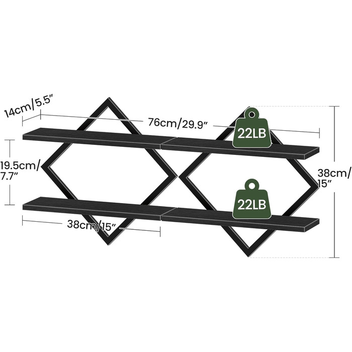 Настінна полиця, комплект з 2 шт., плаваюча полиця, 2-рівневі підвісні полиці, для вітальні, спальні, кухні, офісу, чорна DTBJ01P2BB 2 Чорний