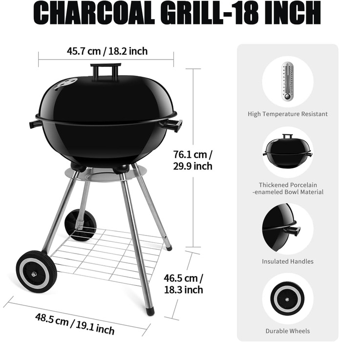 Портативний вугільний гриль 18 дюймів з аксесуарами, потужний гриль на колесах з полицею для зберігання для приготування їжі на відкритому повітрі, барбекю та кемпінгу