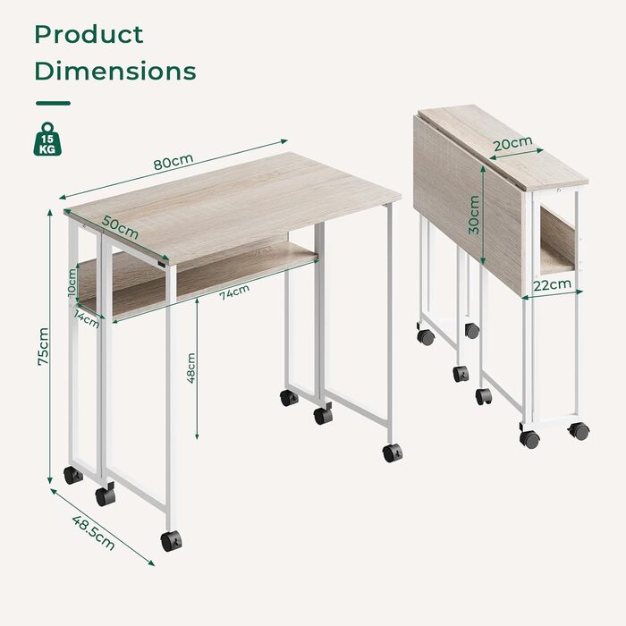 Розкладний стіл Dripex 80x50 см, компактний стіл, складний комп&39ютерний стіл з місцем для зберігання та колесами, невеликий розкладний комп&39ютерний стіл для домашнього офісу/кабінету (дуб)