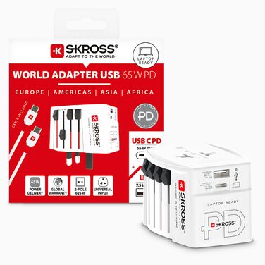 Універсальний дорожній адаптер SKROSS (2-полюсний) з портами USB-A та USB-C, компактний перехідник для ноутбуків із кабелем USB-C