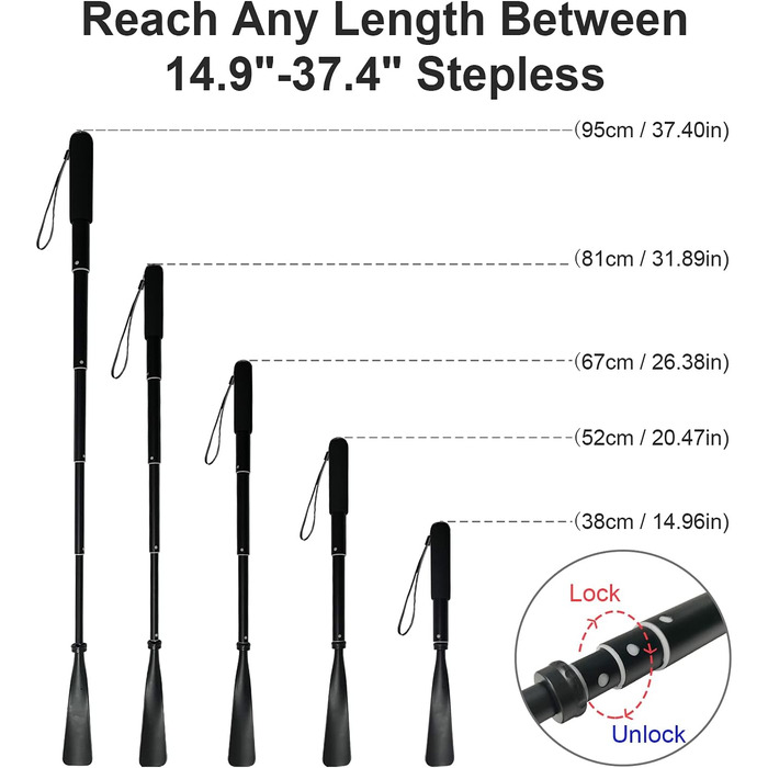 Довгий ріжок для взуття - телескопічний 38 см 94 см, алюмінієвий сплав, довгий ріжок для взуття, металевий довгий ріжок для взуття