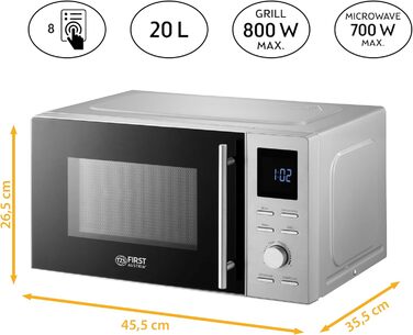 Мікрохвильова піч TZS First Austria 1100 Вт з функцією гриля 800 Вт, ємність 20 л (брутто), функція швидкого старту, LCD дисплей, 8 автоматичних програм, 700 Вт, нержавіюча сталь