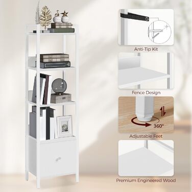 Книжкова полиця, окремостояча полиця з шухлядою, 33 x 24 x 131 см, книжкова шафа з 5 полицями, окремостояча книжкова шафа, для вітальні, спальні, офісу, біла ABKWT55101 5 полиць (33 x 24 x 131 см) Біла