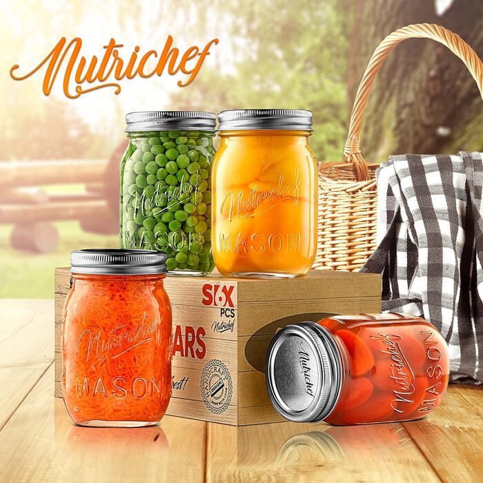Банки Nutrichef Mason з кришками - 473 мл (16oz) скляні контейнери з магнітною кришкою для спецій, домашнього приготування, вівсянки на ніч, джему, меду, свічок, рукоділля, весільних сувенірів (набір 4 шт.)