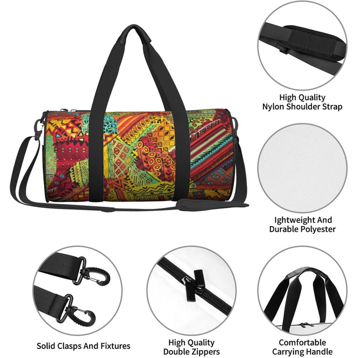 Спортивна сумка, дорожня сумка, з африканським текстилем, візерунок печворк, сумка для подорожей на вихідні, чорна, універсальний розмір, сумка для подорожей