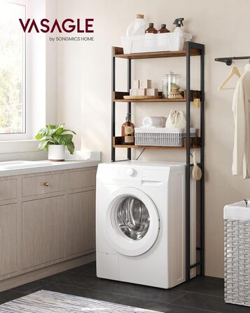 Полиця для унітазу, 3 яруси, полиця для ванної кімнати, компактна, легко збирається, для пральні, індустріальний стиль, сільський коричневий та чорний, BTS002B01 Рустикальний коричневий чорний