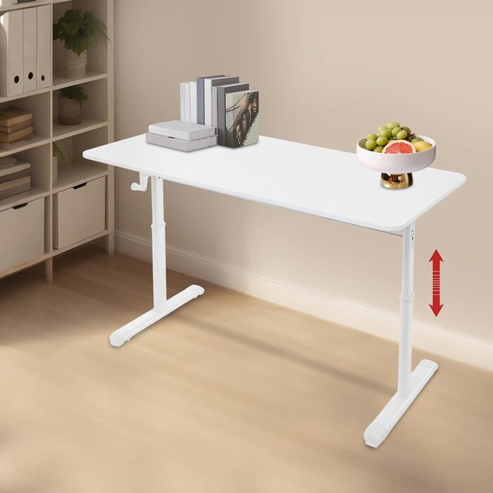 Стіл з регульованою висотою для домашнього офісу, стіл з ручним регулюванням висоти та ручкою, 120x60 см, для сидіння та стояння, вантажопідйомність до 100 кг, білий