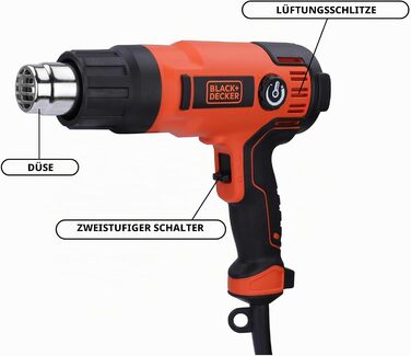 Будівельний фен BlackDecker KX2200K 2000 Вт (з 2-ступеневим вимикачем безпеки, плавним регулюванням температури, автовимкненням, набір аксесуарів з 8 предметів)