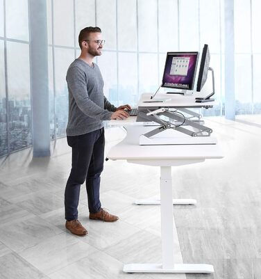 Стіл-конвертер Seville Classics 90 см з пневматичним регулюванням висоти сидячи-стоячи з газовою пружиною, металевий, білий 90 см x 59 см пневматичний білий