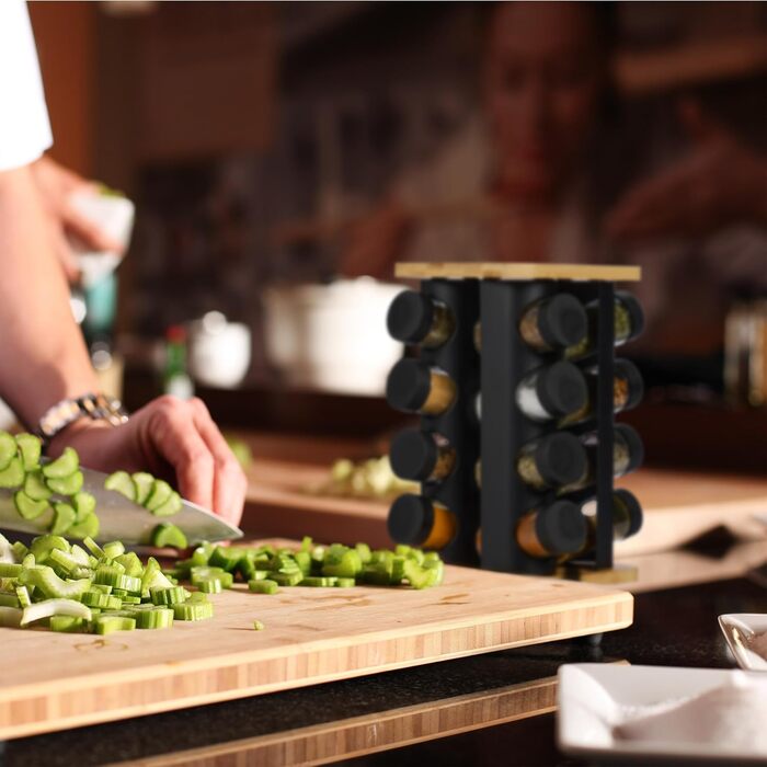 Карусель для спецій Relaxdays, 16 банок для спецій, обертається на 360, нержавіюча сталь, бамбук, скло, ВxШxГ 28 x 20 x 20 см, чорний/натуральний