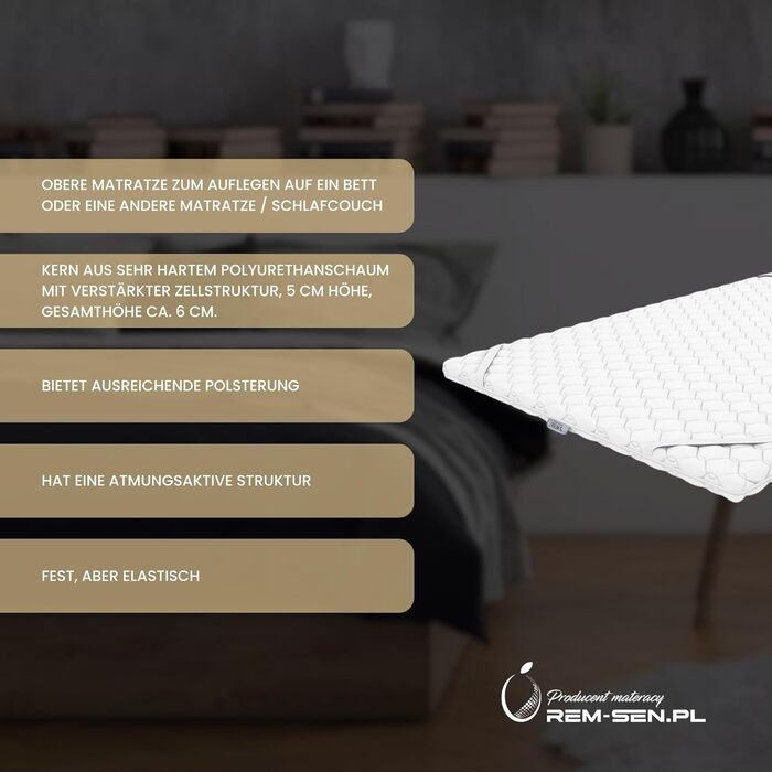 Наматрацник REM-Sen, 90x200 см, висота 6 см, рівень жорсткості 5 (H5). Виготовлений з дуже міцного пінополіуретану з тришаровим мембранним покриттям. Підходить для диванів або будь-якої іншої зони відпочинку. Сертифіковано Oeko-Tex. H5 90 x 200 см