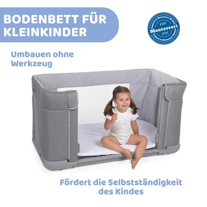 Дитяче ліжечко 3-в-1 для новонароджених, приліжкове ліжечко, яке трансформується в ліжко Монтессорі, до 4 років (22 кг), регульована висота, хороша циркуляція повітря, 4 колеса, включаючи матрац, світло-сірий колір, 2Me Forever