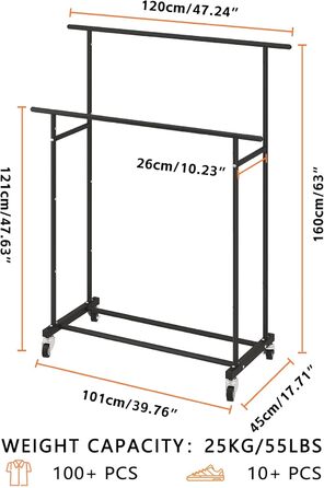 Вішалка для одягу Calmootey з подвійною штангою - на колесах та портативна для спальні, вітальні, магазину одягу - чорна