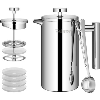 Кавоварка з нержавіючої сталі френч-прес Velaze, кавоварка 350 мл на 2-3 чашки, французький кавоварський прес з подвійними стінками, елегантний дизайн, кавник з 5 фільтрами з нержавіючої сталі та 1 ложкою 350 мл