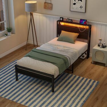 Ліжко HOJINLINERO з металу та дерева, металеве ліжко 90x200 з рейковою основою та функцією заряджання через USB/LED, односпальне ліжко, гостьове ліжко, дитяче ліжко 90x200 з узголів&39ям для зберігання речей, каркас ліжка з місцем для зберігання речей, чо
