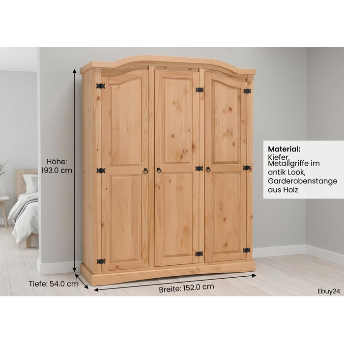 Шафа для спальні Dynamic24 3-дверна шафа New Mexico Ш152xВ193xГ54 см Масив сосни натурального кольору Комод Шафа Багатоцільова шафа Відкрита шафа Коричнева