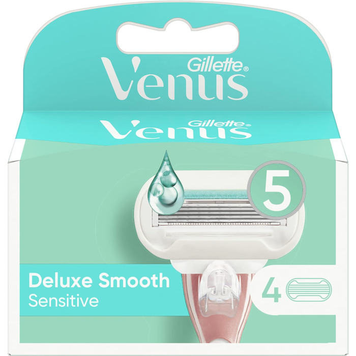 Змінні леза Gillette Venus Deluxe Smooth Sensitive для жінок, (4 шт. и), Машинні вставки з 5 лезами, Зволожуючий скінеліксир 5 шт. (1 упаковка) 5 змінних лез