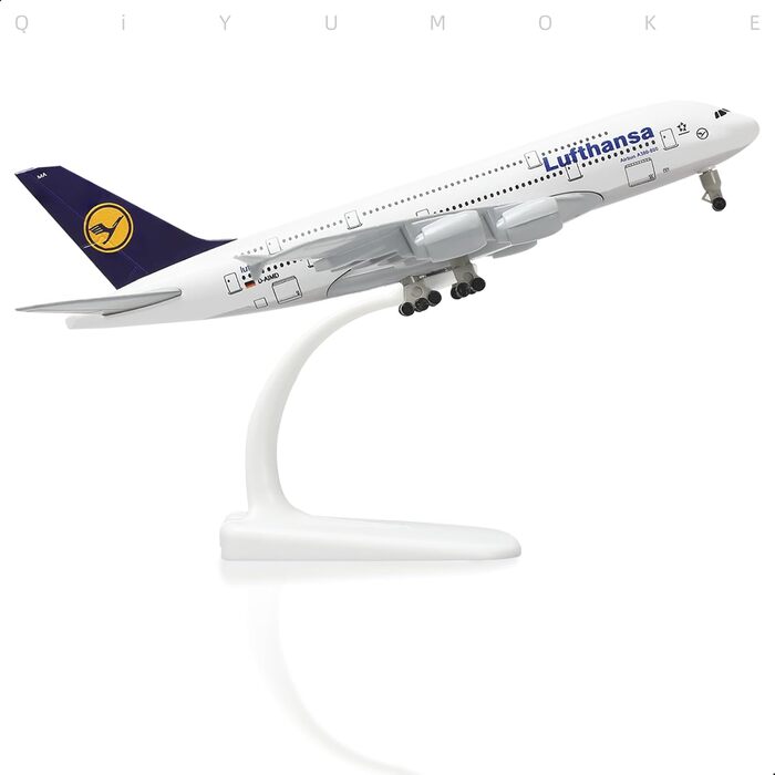 Металева модель літака Lufthansa A380 масштабу 1/300 з підставкою (7,5 дюймів), підходить для авіаційних ентузіастів як подарунок або декорація для виставки. 01. Lufthansa