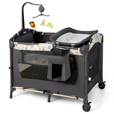 Складане дитяче ліжечко LIFEZEAL 4-в-1, приліжкове ліжечко 107 x 72 см з U-подібним тримачем для підгузків, регульоване по висоті дитяче дорожнє ліжечко, дитячий центр з музичним мобільним телефоном, дитяче дорожнє ліжечко з пеленальний килимок (сірий)