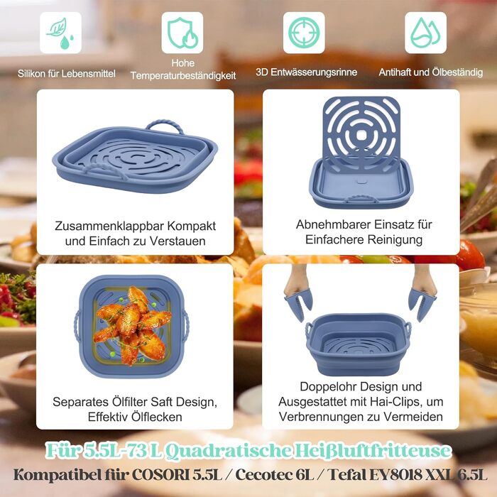 Аксесуари для фритюрниці Idota з 10 предметів, аксесуари для фритюрниці з силіконовими вставками/решітка для приготування їжі/решітка для приготування на пару/рукавички для духовки/мультиварка для COSORI 5.5 л/6.4 л, Tefal 5.6 л/6.5 л і Philips 6.2 л/7.2 