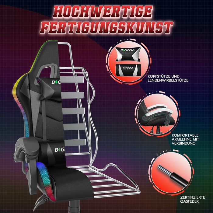 Світлодіодне ігрове крісло, ігрове крісло з мерехтливою світловою стрічкою, підголівником та поперековою опорою, регульована висота та нахил, вантажопідйомність 130 кг, ігрове крісло для ПК для ігрового офісу (чорне) Чорний колір зі світлодіодним підсвічу