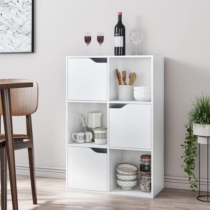 Книжкова полиця FirFurd, біла полиця, книжкова шафа з 3 дверцятами, полиця для зберігання з 6 відділеннями, офісна полиця для вітальні, кабінету, дитячої кімнати, 60 x 29 x 90 см