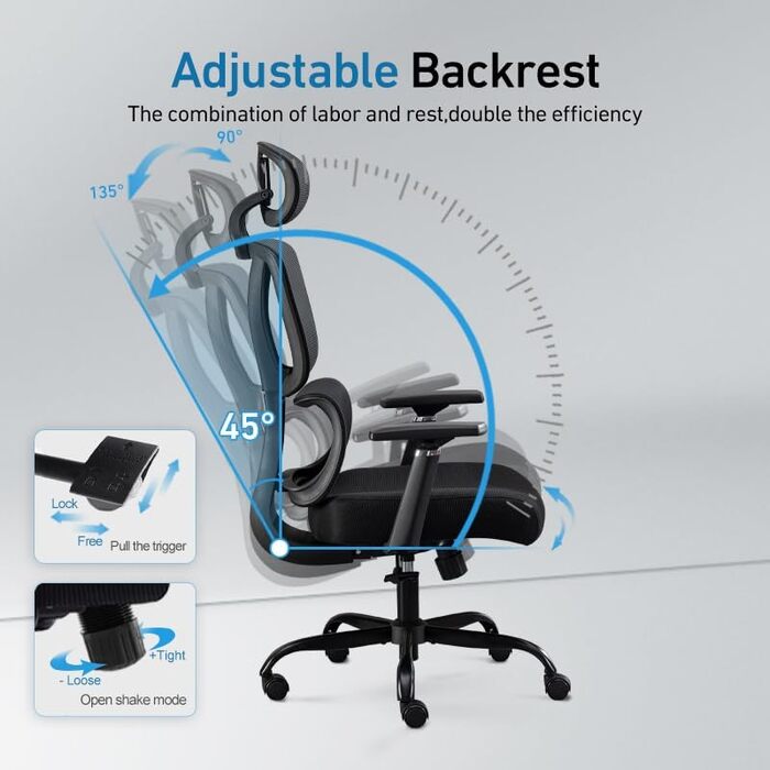 Ергономічне офісне крісло, вантажопідйомність 200 кг, регульована поперекова опора/3D підлокітники/підголівник/функція гойдання, регульоване по висоті письмове крісло, чорний колір