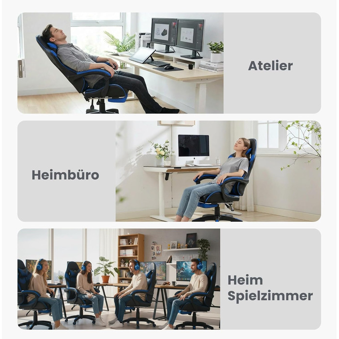 Ігрове крісло Anwick з підніжкою та регульованою поперековою опорою офісне крісло з регульованою висотою в гоночному дизайні, включаючи підголівник та вантажопідйомність 150 кг (синє)