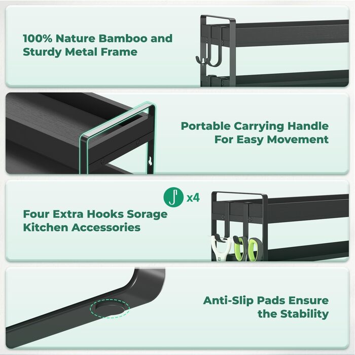 Стійка для спецій, дерев&39яний органайзер для спецій, 4-рівнева бамбукова стійка для спецій, стійка для спецій, підставка для спецій, тримач для спецій, система стійок для спецій, настінна та для кухонь (чорна) чорнийчорний