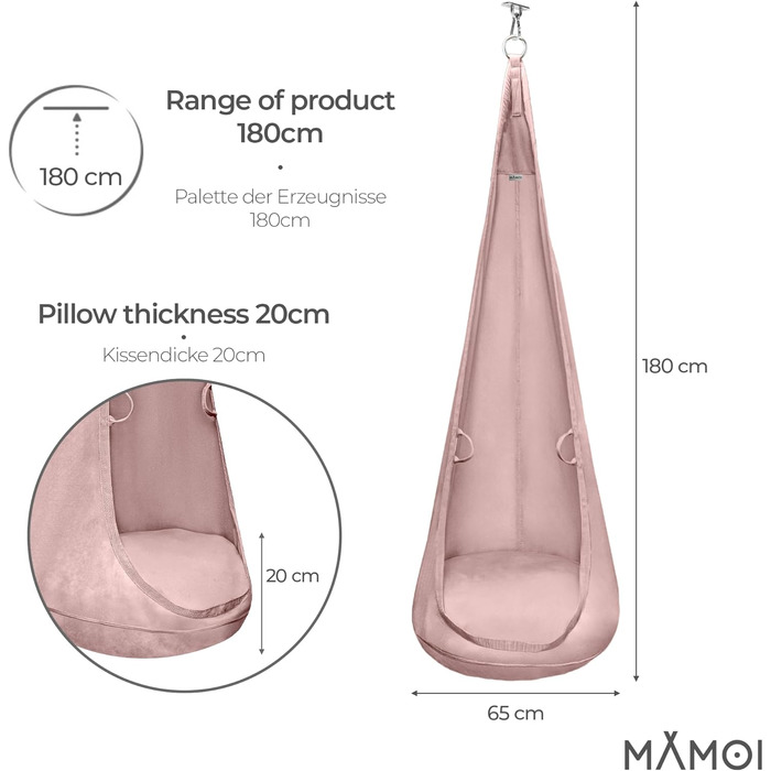 Підвісне крісло для приміщень з мякою подушкою, елегантне підвісне сидіння з ручками, преміальний оксамит, міцна конструкція з підвісним елементом, рожевий