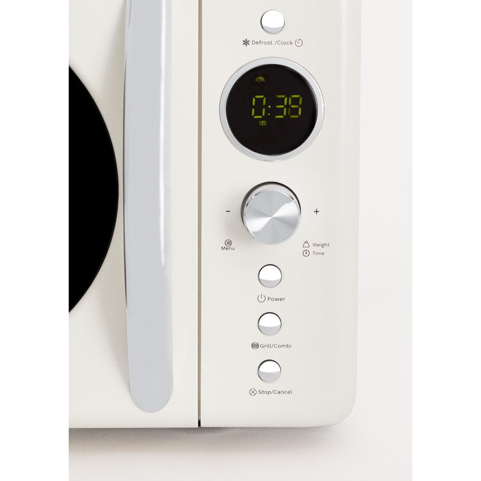 СТВОРИТИ/МІКРОХВИЛЬОВА ПІЧ РЕТРО/Цифрова мікрохвильова піч з функцією гриля кремово-білий/ретро стиль, ємність 20 л, посуд Ø245 мм, 3 програми, 9 попередньо встановлених меню, багатоступеневе приготування, РК-дисплей