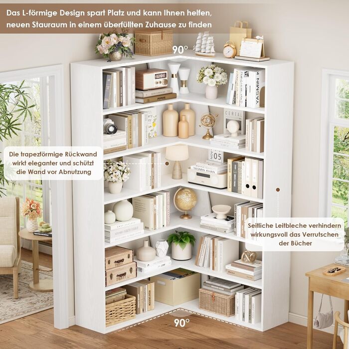 Кутова полиця FirFurd 190 см, книжкова шафа-ліжко, кутова книжкова шафа з 6 полицями, L-подібна кутова шафа, висока шафа, книжкова шафа, кутова вітрина для кабінету, вітальні, кухні, 90x90x190,5 см, білий