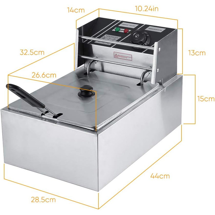 Фритюрниця з нержавіючої сталі 6 л, електрична фритюрниця Комерційна фритюрниця з кошиком для смаження Ручка проти горіння для домашнього харчування Картопля фрі Смажена курка 2200 Вт 44x28.5x28 см