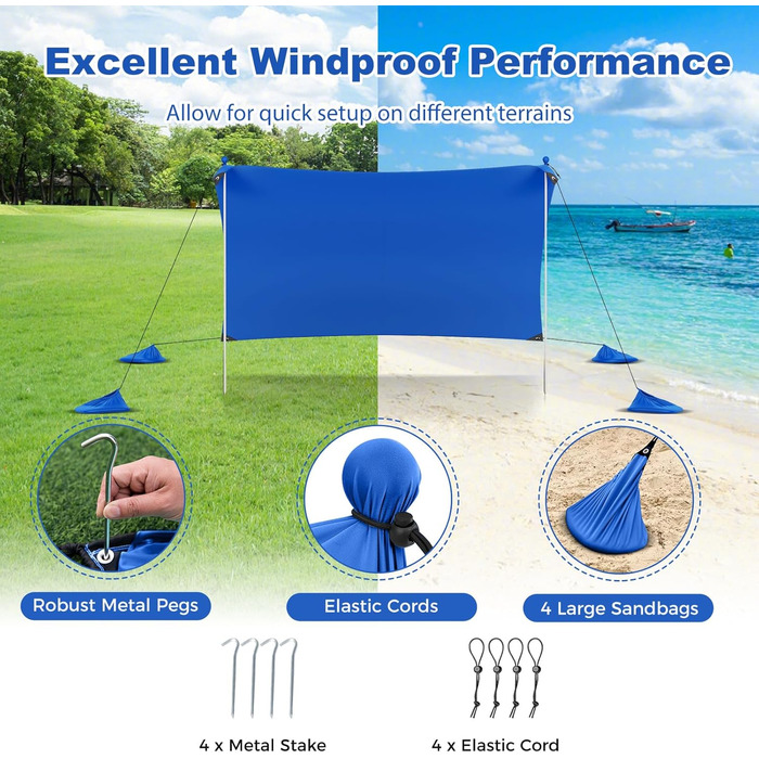 Пляжний сонцезахисний намет HOMASIS, сонцезахисний намет UPF 50, пляжний намет з лайкри з кріпленнями для піску та 4 мішками з піском, сонячне вітрило з 2 опорними стійками та сумкою для перенесення, сонцезахисний навіс для пляжу та саду (синій, 230 x 200