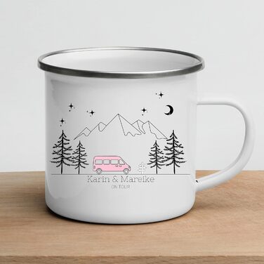 Емальована кружка &quotМаленька Матильда&quot, барвиста персоналізована кемпінгова кружка з іменем для кемпінгу, кавова кружка, аксесуар для каравану, кружка з нержавіючої сталі, подарунок для кемперів (рожевий кемпер)