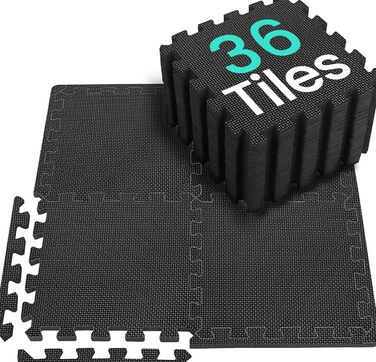 Захисний килимок для підлоги для фітнесу 331 см, килимок-головоломка 24/36/48, спортивний килимок з EVA, нековзний, килимок для підлоги для тренажерного залу та фітнес-обладнання 3,31 кв.м./36 килимків - чорний