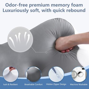 Подушка для шиї з дихаючої піни з ефектом пам&39яті, ергономічна подушка для сну на спині, боці та животі, 63x40x10/12 см, сіро-білий колір