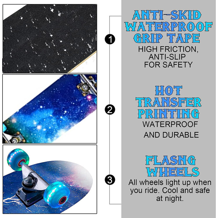 Повний скейтборд Rampage Plain Third 78.7 x 20.3 см - 7-шарова дека з канадського клена, Double Kick увігнута, ABEC-3 підшипники, 50 мм PU колеса, для дітей, підлітків та дорослих, синій дизайн