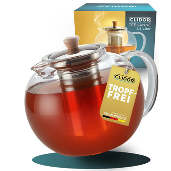 Чайник скляний з ситечком 1,5 літри, потовщене скло для кращої термоізоляції, підходить для використання зі свічковим підігрівачем, термочайник, міцний чайник для заварювання (1500 мл)