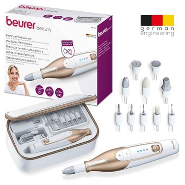 Набір для манікюру/педикюру Beurer MP 64, електричний набір для догляду за нігтями з акумулятором, 10 насадок для догляду за нігтями для красивих рук і ніг, зі світлодіодним підсвічуванням, один розмір, білий і золотий З футляром для зберігання