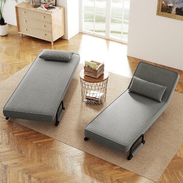 Крісло-ліжко 4-в-1, диван-ліжко, компактне гостьове ліжко, крісло-реклайнер з регульованою спинкою, вантажопідйомність 150 кг, металевий каркас та лляне темно-сіре одне ліжко темно-сірого кольору