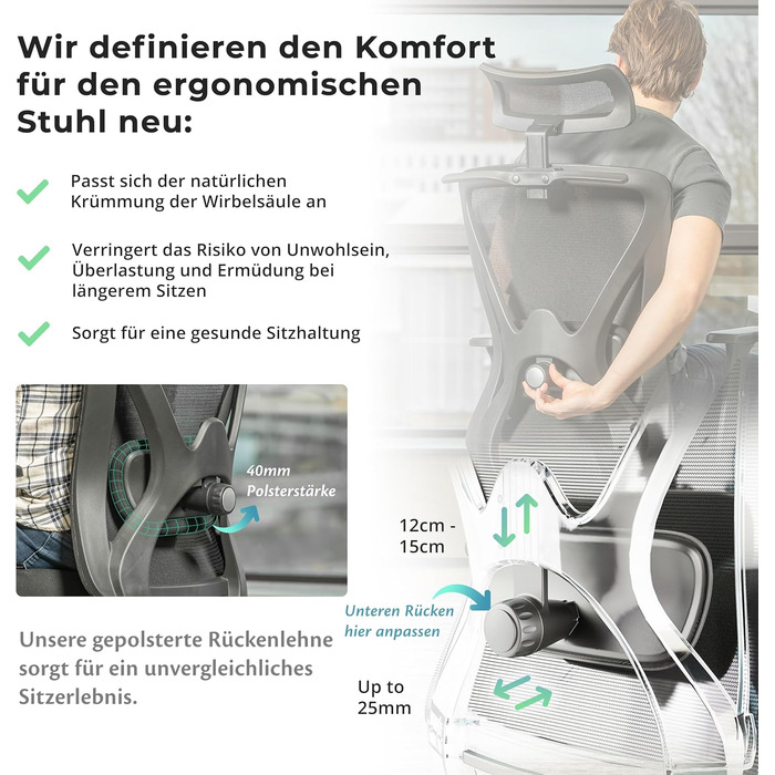 Ергономічне офісне крісло - Офісні крісла 150 кг, сертифіковані TV та NEN 1335 - Офісний стілець - Крісло - Ергономічне офісне крісло - Комп&39ютерне крісло з регульованою висотою та зручне для спини - Чорне