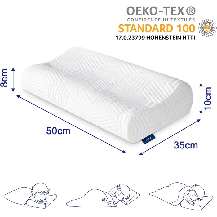Подушка для шиї LAMB Pillow, ергономічна подушка для підтримки шиї з регульованою висотою з піни з ефектом пам&39яті з наволочкою, яку можна прати, 50x35 см, біла 1