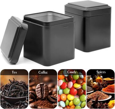 Класичних квадратних чайних банок 7 7 8,5 см для розсипного чаю, металеві чайні банки чорного кольору, включаючи 20 етикеток, для чаю, кавових зерен, спецій, 12