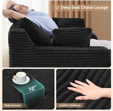 Сучасний вельветовий диван без кісток з функцією сну Диван Хмара з шезлонгом, 3 подушки, зручний диван для вітальні, не потребує складання чорна вельветова тканина