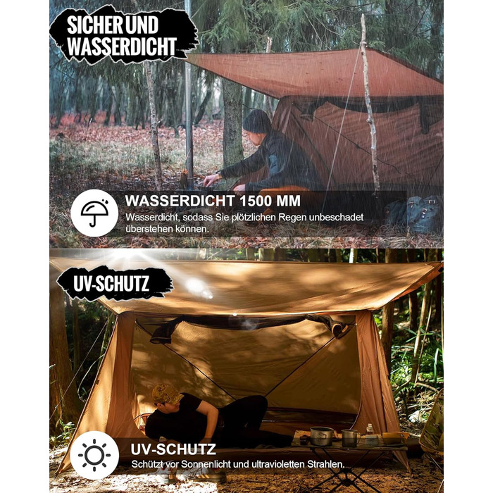 Намет OneTigris Backwoods Bungalow 2.0 для 1-2 осіб, кемпінговий намет, легкий розкладний намет, водонепроникний, 3-сезонний намет-укриття для походів на природі (коричневий колір Coyote Brown), версія 2.0