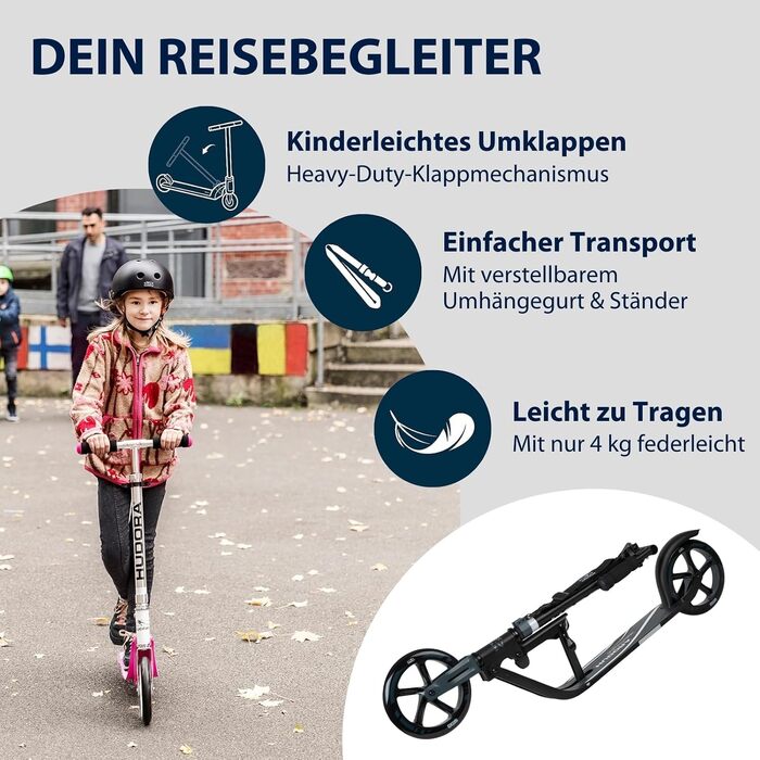 Самокат HUDORA BigWheel 205 стабільний алюмінієвий міський самокат, складаний, з регулюванням висоти та підніжкою, для дітей та дорослих (до 100 кг), чорний/антрацит
